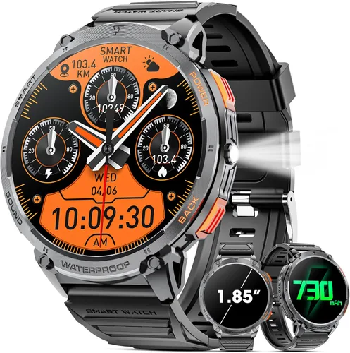 Reloj Inteligente Militar para Hombres Pantalla Táctil HD de 1.85" Batería de 730mAh Relojes Inteligentes con Linterna LED para Android iOS