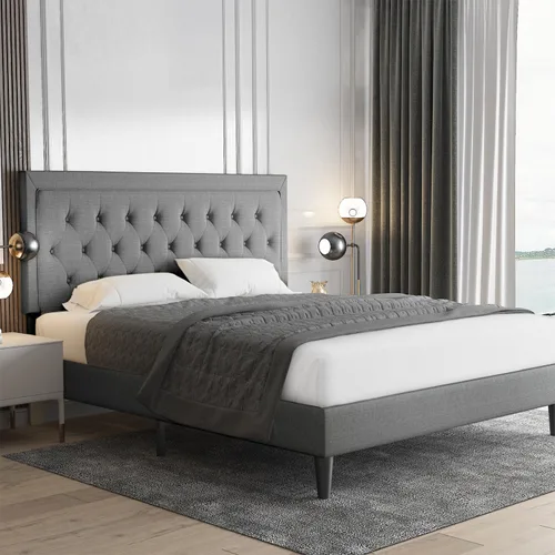 Miniatura 10 de Allewie Base de cama tapizada de tamaño matrimonial con cabecera ajustable, botón acolchonado, soporte de listones de madera, fácil montaje