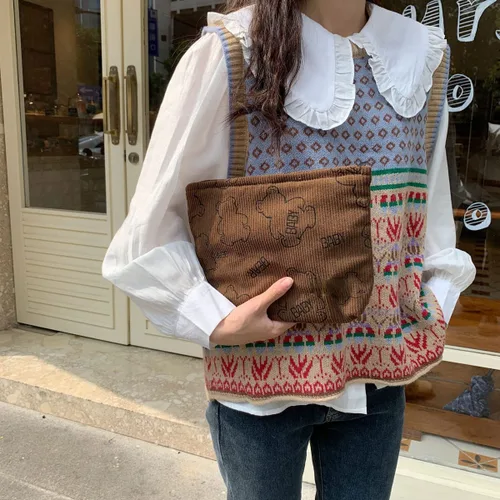 Bolsa de maquillaje de pana, bolsa de preppy, bolsa Cottagecore para artículos estéticos de moda, con patrones de osos, bolsa de aseo y cosméticos