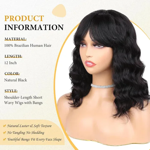 WIGNEE - Peluca de cabello humano virgen con fleco, peluca suelta de onda profunda, 12 pulgadas, color negro | 100% Human Hair,Natural Bangs,12