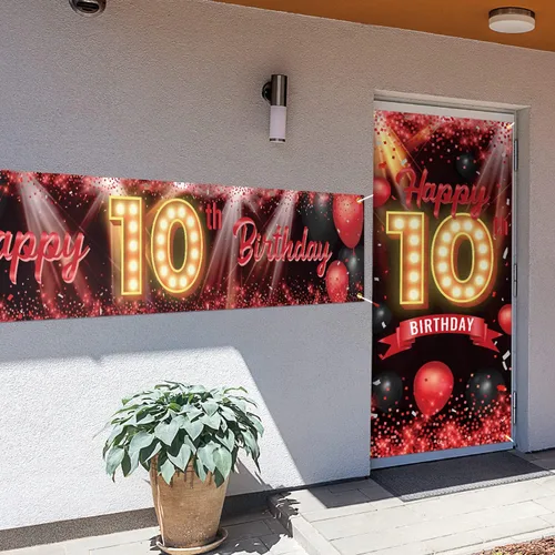 Miniatura 4 de Juego de carteles de feliz cumpleaños 10 para puerta, porche, decoraciones de cumpleaños de 10 años, suministros de fiesta para mujeres y hombres
