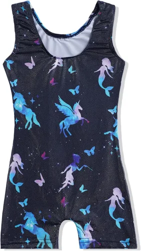 Miniatura 191 de HOZIY - Leotardos de gimnasia con pantalones cortos brillantes para niñas pequeñas; estampados de unicornio, aurora, arco iris, sirena, dinosaurio