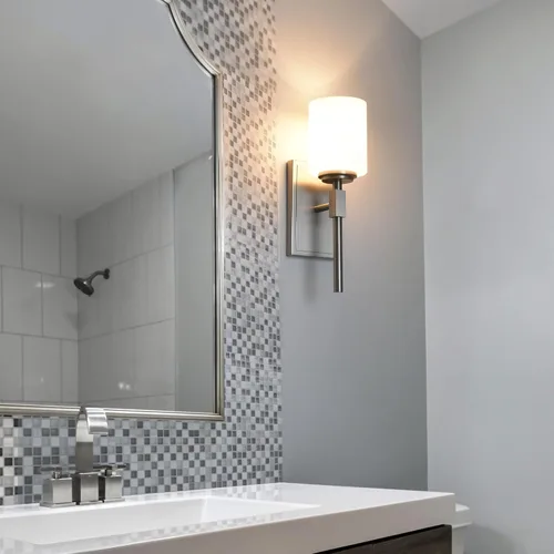 Miniatura 6 de Aplique de pared de 1 luz, elegante iluminación de pared en níquel cepillado, 1 luz de transición para tocador de baño con pantalla de vidrio opal