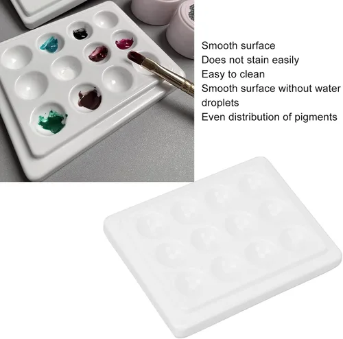 Miniatura 2 de Paleta de pintura de porcelana, suave y reutilizable de 12 pocillos, paleta de pintura de acuarela de color blanco puro con cubierta para artistas