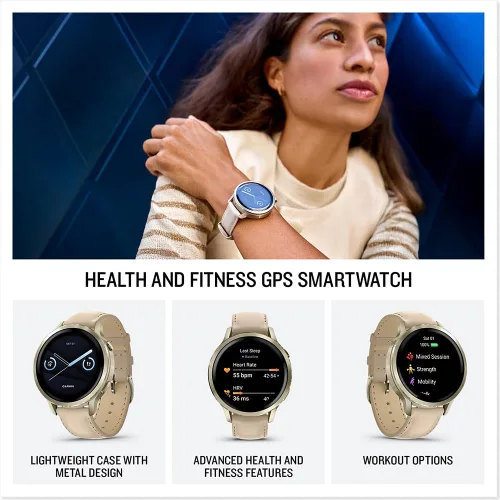 Miniatura 3 de Garmin 010-03013-03 Venu 4, reloj inteligente de 1.614 in, oro lunar con banda de hueso y correa de cuero arena clara con Deco Essentials exclusivo