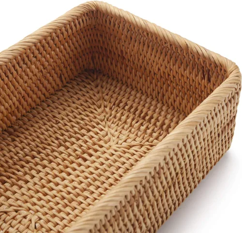 Miniatura 4 de Cestas de almacenamiento de frutas de ratán natural rectangulares de mimbre tejido para portallaves y control remoto, apilables, naturales, juego