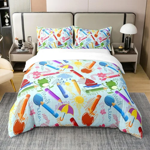 jejeloiu Juego de ropa de cama de lápiz de dibujos animados para niños, tamaño individual, colorido cuarto de bebé, 100% algodón, funda de edredón