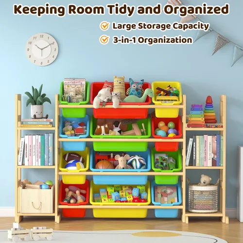 Miniatura 3 de Organizador grande de almacenamiento de juguetes para niños, organizador de juguetes y estantería combinada con 12 contenedores y 6 estantes, caja