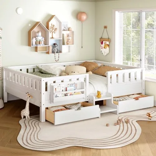 Miniatura 18 de Bellemave Cama Montessori de tamaño Queen con 2 cajones y estantería, camas de suelo para niños con barandillas de seguridad y escaleras, marco