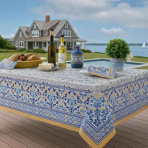 Miniatura 3 de Home Bargains Plus Mantel rectangular de tela, 60 x 102 pulgadas, estampado floral amarillo y azul, para interiores y exteriores, resistente a