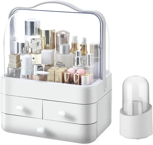 Miniatura 8 de Organizador de maquillaje grande con soporte para pinceles, organizador de cuidado de la piel impermeable y a prueba de polvo con tapa y cajones