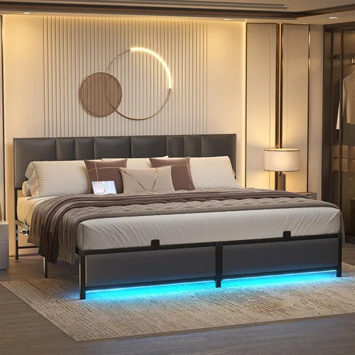 Miniatura 2 de Besiost Base de cama tamaño King con cabecera ajustable de 3 alturas, cama de plataforma tapizada de cuero con luz LED y estación de carga, soporte