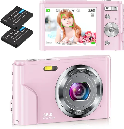 Cámara digital 1080P 36MP para niños, cámara digital compacta para apuntar y disparar, zoom digital 16X, 2 baterías, cámara pequeña portátil