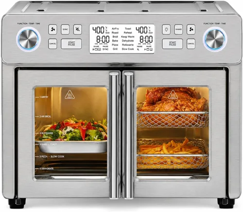 Emeril Lagasse Combo de Horno Freidora de Aire 360 de Doble Zona con Puerta Francesa, 25 QT Extra Grande, Cocina Dos Alimentos de Diferentes