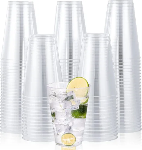 JOLLY CHEF Vasos de plástico transparente de 14 oz, paquete de 100 vasos de fiesta resistentes, vasos de plástico desechables para cócteles de boda,