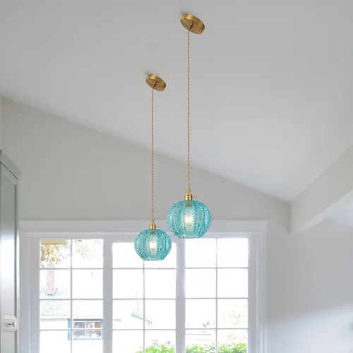 Miniatura 9 de Lámpara colgante vintage de 7.9 pulgadas, 1 luz, luces colgantes para isla de cocina con vidrio soplado a mano de cobre azul, pequeña lámpara