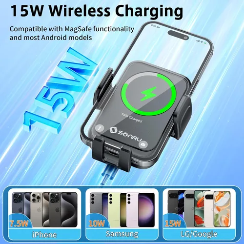 Miniatura 3 de SONRU Cargador inalámbrico Qi de 15 W, cargador inalámbrico de coche de carga rápida, sujeción automática, soporte de succión para salpicadero