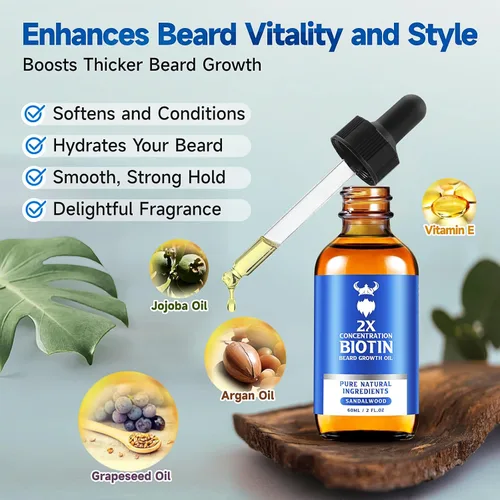 Miniatura 4 de Aceite para el crecimiento de la barba, aceite de biotina para barba de concentración 2X para hombres (2 onzas), aceite natural para barba