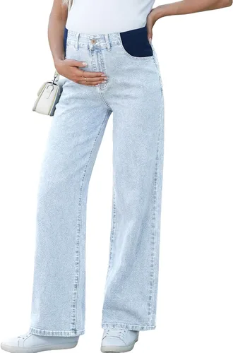 Miniatura 8 de BLENCOT Vaqueros de maternidad para mujer de cintura alta con pierna recta, pantalones de embarazo de mezclilla con bolsillos
