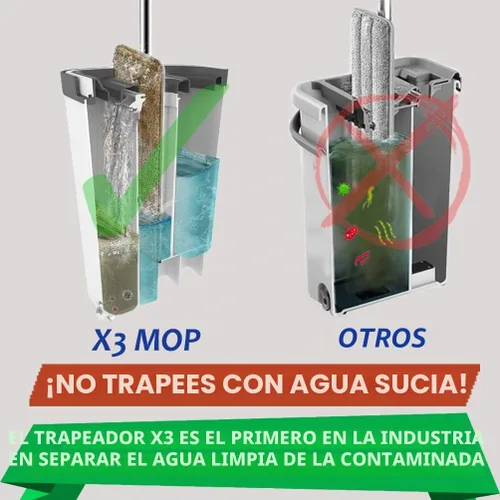 Miniatura 2 de Trapeador X3, separa el agua sucia y limpia, diseño de 3 cámaras, juego de trapeador plano y cubo, limpieza del piso del hogar manos libres, 3