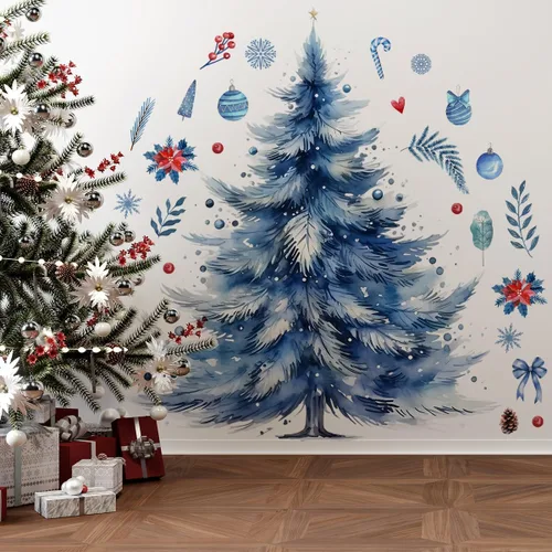 Miniatura 5 de 59x47 Pulgadas Adhesivos de Árbol de Navidad Azul Grande para Pared, Extraíbles DIY, Adhesivos de Árbol de Navidad Acuarela Gigantes para Baño