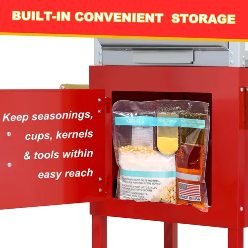 Miniatura 5 de Máquina de palomitas de maíz con carrito y ruedas, máquina de palomitas de maíz con hervidor de acero inoxidable de 14 onzas, para el hogar, Rojo