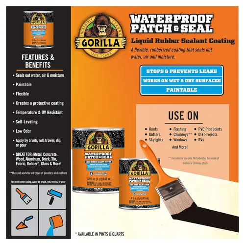 Miniatura 2 de Gorilla Patch & Seal - Sellador impermeable de goma líquida, negro, 32 onzas (paquete de 1), sella el agua, el aire y la humedad