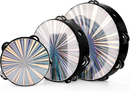 YOUEON Paquete de 3 panderetas radiantes con jingles de doble fila, tambor de mano de 6/8/10 pulgadas, panderetas reflectantes para adultos,