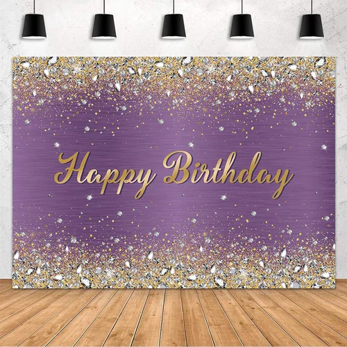 MEHOFOND Telón de Fondo de Decoraciones de Fiesta de Cumpleaños Morado de 7x5 pies con Brillos Dorados Relucientes y Diamantes para Decoración de
