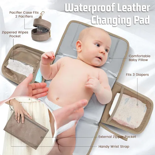 Miniatura 6 de ROSEGIN Mochila para pañales de cuero vegano de alta calidad con cambiador impermeable - Costuras y cremalleras reforzadas, bolsa de bebé para niño