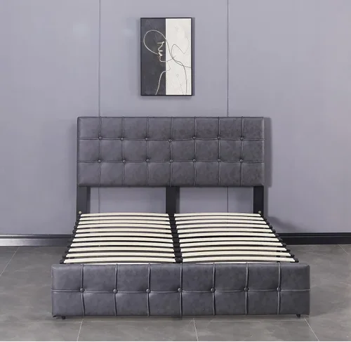 Miniatura 4 de Anwick Moderna cama de plataforma tapizada con cabecera ajustable, marco de cama tamaño King, marco de cama de tela tecnológica con botones