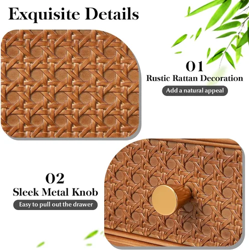 Miniatura 4 de Giantex Mesita de noche de ratán, mesa auxiliar bohemia con cajón de almacenamiento decorado de ratán y patas de madera maciza, mesita de noche