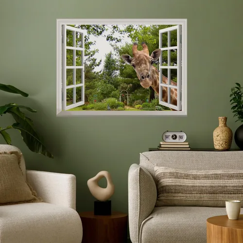 Miniatura 4 de wall26 Calcomanía de pared creativa extraíble – Una jirafa curiosa que pega su cabeza en una ventana abierta, bonito y divertido mural de pared – 24