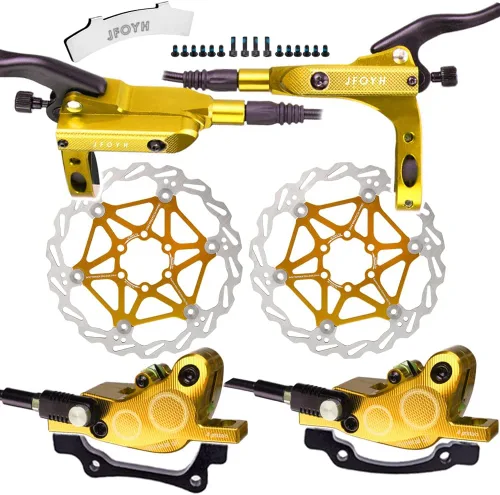 Miniatura 12 de JFOYH Juego de frenos hidráulicos MTB de 4 pistones con rotores de disco flotante de 6.299 in, kit de freno de disco hidráulico delantero y trasero