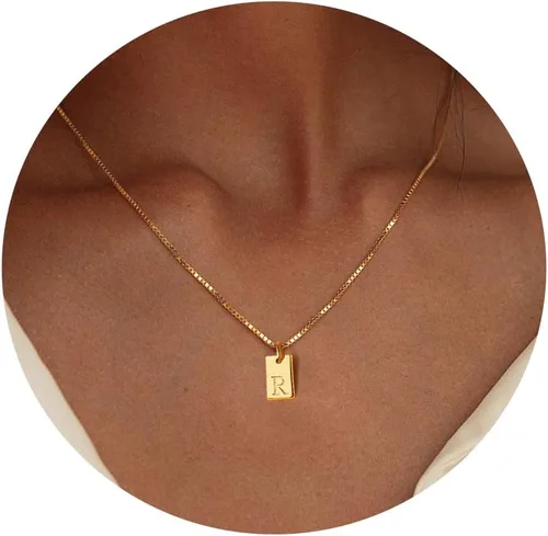 Gold Initial Necklaces for Women Non Tarnish, 14K Gold Dainty Square Letter Pendant Necklace Waterproof A-Z Trendy Thin Chain Name Necklace