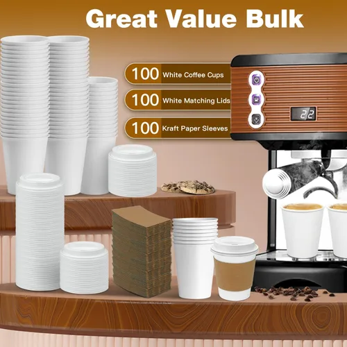 Miniatura 6 de Ginkgo Paquete de 100 Tazas de Café de Papel Engrosado de 8 oz con Tapas y Fundas Blancas, Tazas de Café Desechables para Llevar para Café Espresso