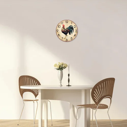 Miniatura 4 de XNM - Relojes de pared redondos rústicos para decoración de cocina y sala de 12 pulgadas, reloj de gallo de vidrio, funciona con pilas, marrón