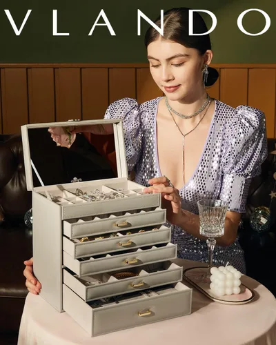 Miniatura 5 de Vlando Joyero grande, organizador de joyas con 5 cajones, cajas de joyería de cuero sintético para mujeres, anillos, pulseras, aretes, collares