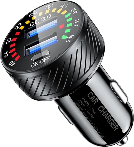 KEWIG Cargador de coche, adaptador de cargador rápido de coche de 36 W, carga rápida de coche USB dual con voltímetro colorido e interruptor de