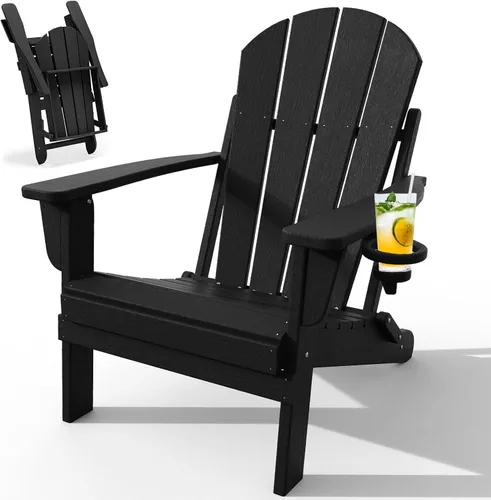Silla Adirondack plegable con soporte para tazas, sillas de patio de plástico HDPE para todo tipo de clima, silla para hoguera, sillas de césped al