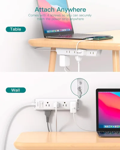 Miniatura 5 de ADDTAM - Tira de alimentación de enchufe plano, cable de extensión plano ultradelgado - ADDTAM 12 enchufes AC de lados 3 múltiples, 5 pies, Blanco
