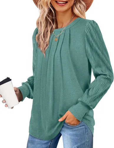 Miniatura 4 de XIEERDUO Camisas de manga larga plisadas con cuello redondo y manga abombada para mujer