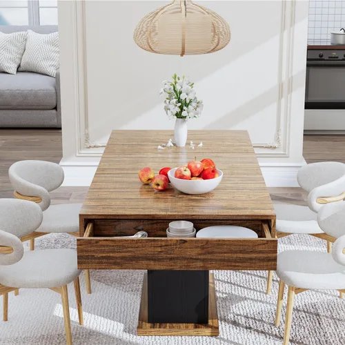 Miniatura 5 de Mesa de comedor de 55 pulgadas para 4 a 6 personas, mesa de comedor de madera de granja con cajones y luces LED para cocina, comedor y sala de estar