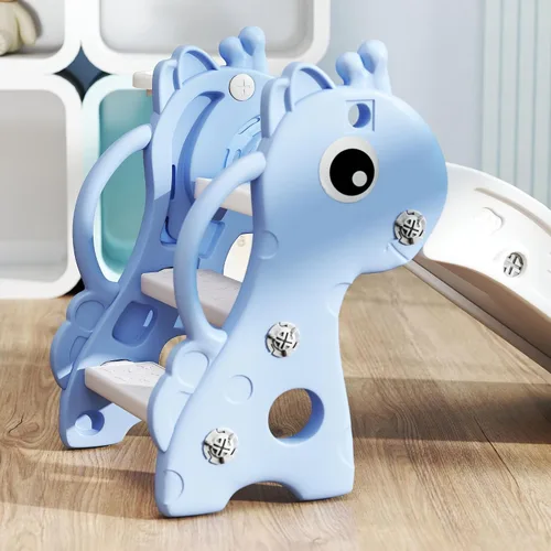 Miniatura 8 de Qaba Tobogán para niños pequeños con escalador, aro de básquetbol y pelota, tobogán para interiores con diseño de jirafa, equipo de juego Azul