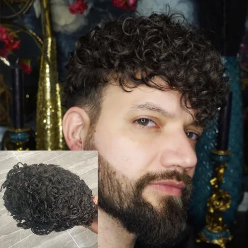 Miniatura 14 de SIMBEAUTY Cabello humano Remy indio 360 ondulado, 0.394 pulgadas, base de piel de tupé rizado, 10 x 8 pulgadas, para hombres negros con sistema