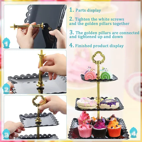 Miniatura 3 de Honeydak 3 juegos de bandejas de 3 niveles para servir postres de 3 niveles, soporte de postre de boda, soporte de plástico de polipropileno