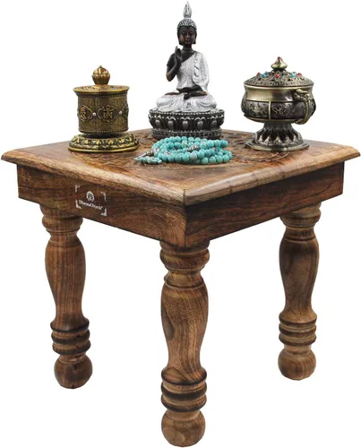 Miniatura 4 de DharmaObjects Mesa de meditación de altar del santuario de Puja tallada a mano de madera maciza de mango (árbol de la vida 1)