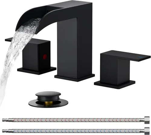 FORIOUS - Grifo de baño tipo cascada de 3 orificios, 8 pulgadas, cuadrado, de baño, de color negro mate, con desagüe emergente de metal y líneas de
