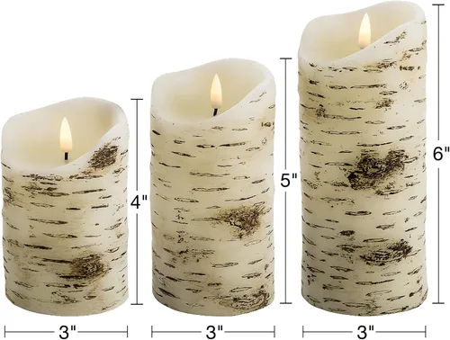 Miniatura 2 de Eywamage Velas de pilar sin llama de corteza de abedul con control remoto, velas LED rústicas parpadeantes con batería de madera, juego de 3 Parte