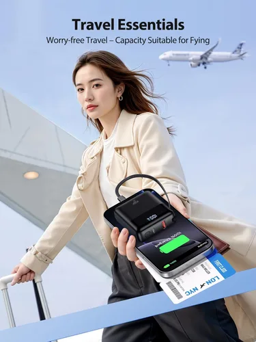 Miniatura 8 de Cargador portátil de 10000 mAh de carga rápida, batería USB C de 22.5 W con cables integrados, pequeño cargador portátil de viaje esenciales